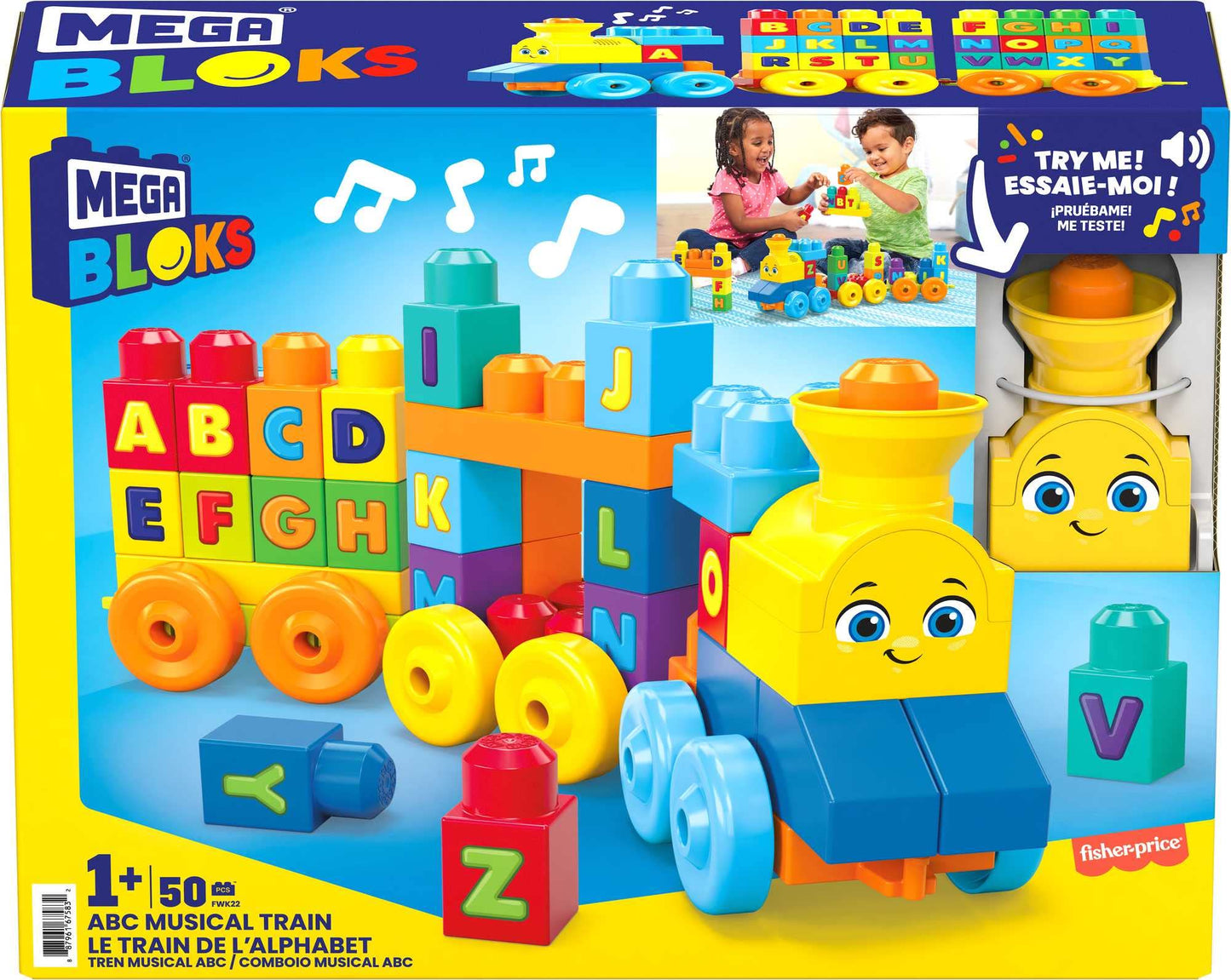 MEGA BLOKS First Builders Toddler Building Blocks Toy Set, ABC Musical Train with 50 Pieces, Music and Sounds, Ages 1+ Years