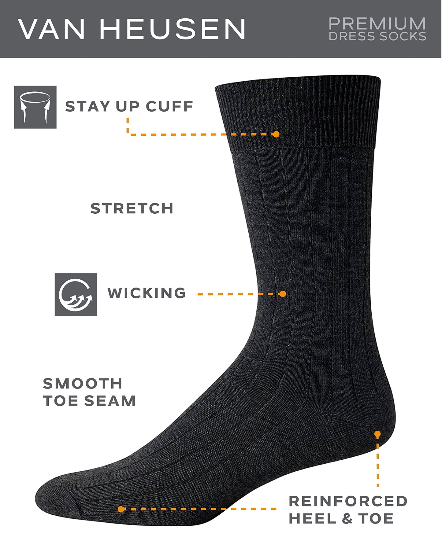 Van Heusen Men's Dress Socks - 14 Pack Smooth Toe Seam Mid-Calf Stay Up Cuff Crew Socks - Dress Socks for Men (6-12.5), Size 6-12.5, Black