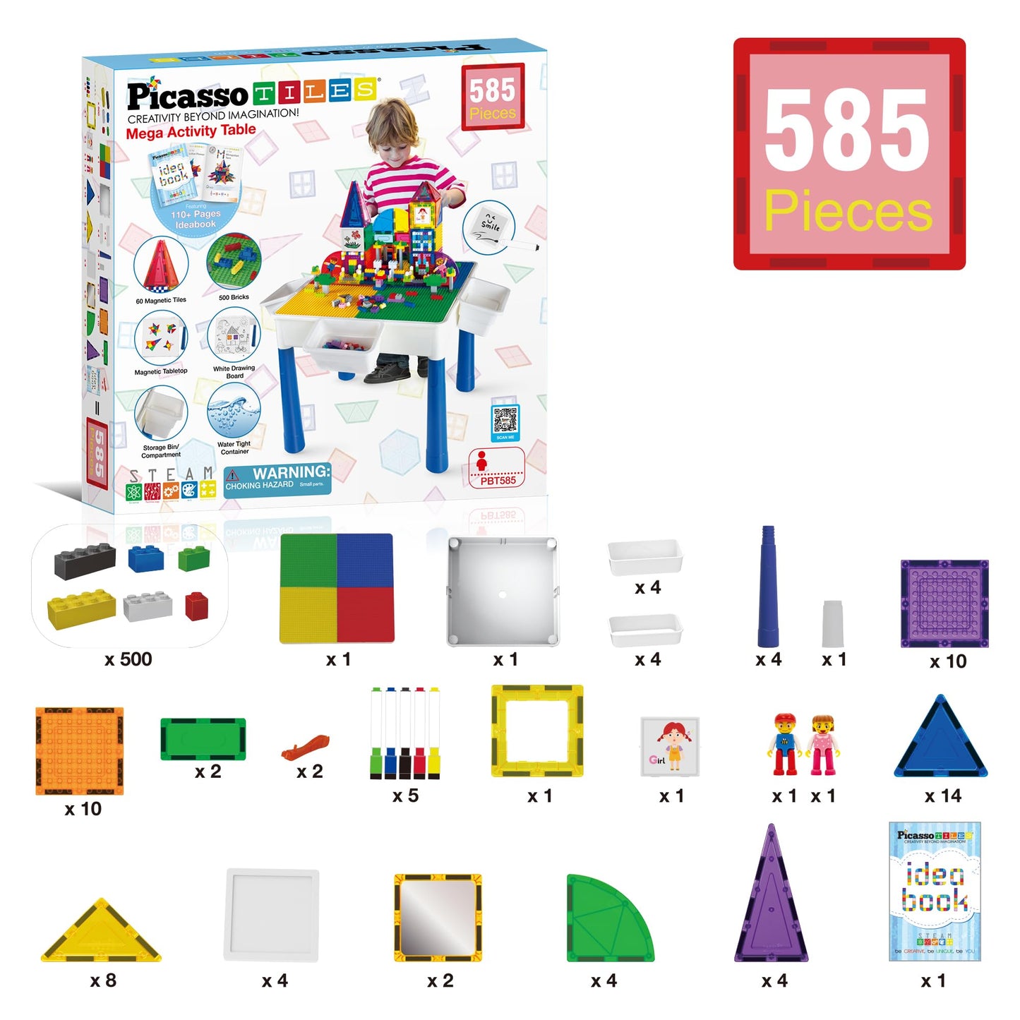 PicassoTiles 585pc Kids Activity Table with Magnetic Tiles and Bricks STEM Pretend Play Learning with Reversible Brick Whiteboard Tabletop Storage Bins and Extra Add-On Toys Boys Girls Ages 3+ PBT585