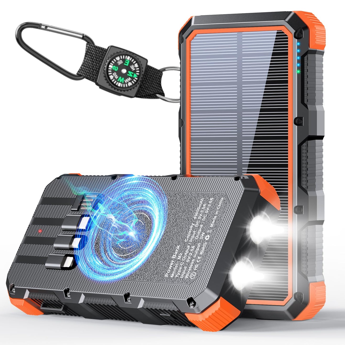 Solar Charger Power Bank 49800mAh Wireless Charger QC 3.0 Fast Charging Power Bank 8 Outputs 4 Inputs Solar Portable Charger Compatible with All Mobile Devices,SOS/Strobe/Strong Flashlights (Orange)