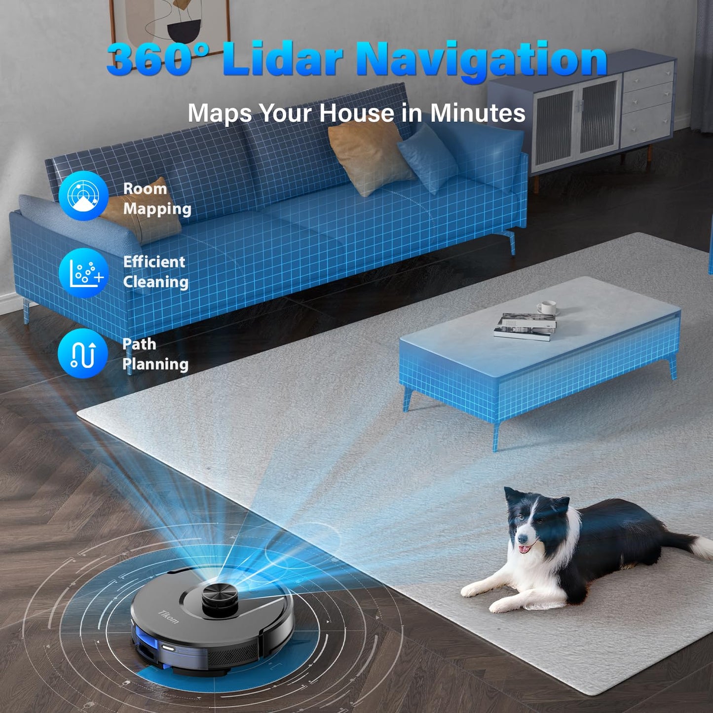 Tikom Robot Vacuum and Mop, L8000 Laser LiDAR Navigation Robotic Vacuum, 3000Pa Suction, 150Mins Max, 45dB, 14 No-Go Zones, 20 Virtual Walls, Self-Charging, Good for Pet Hair, Carpet, Hard Floor