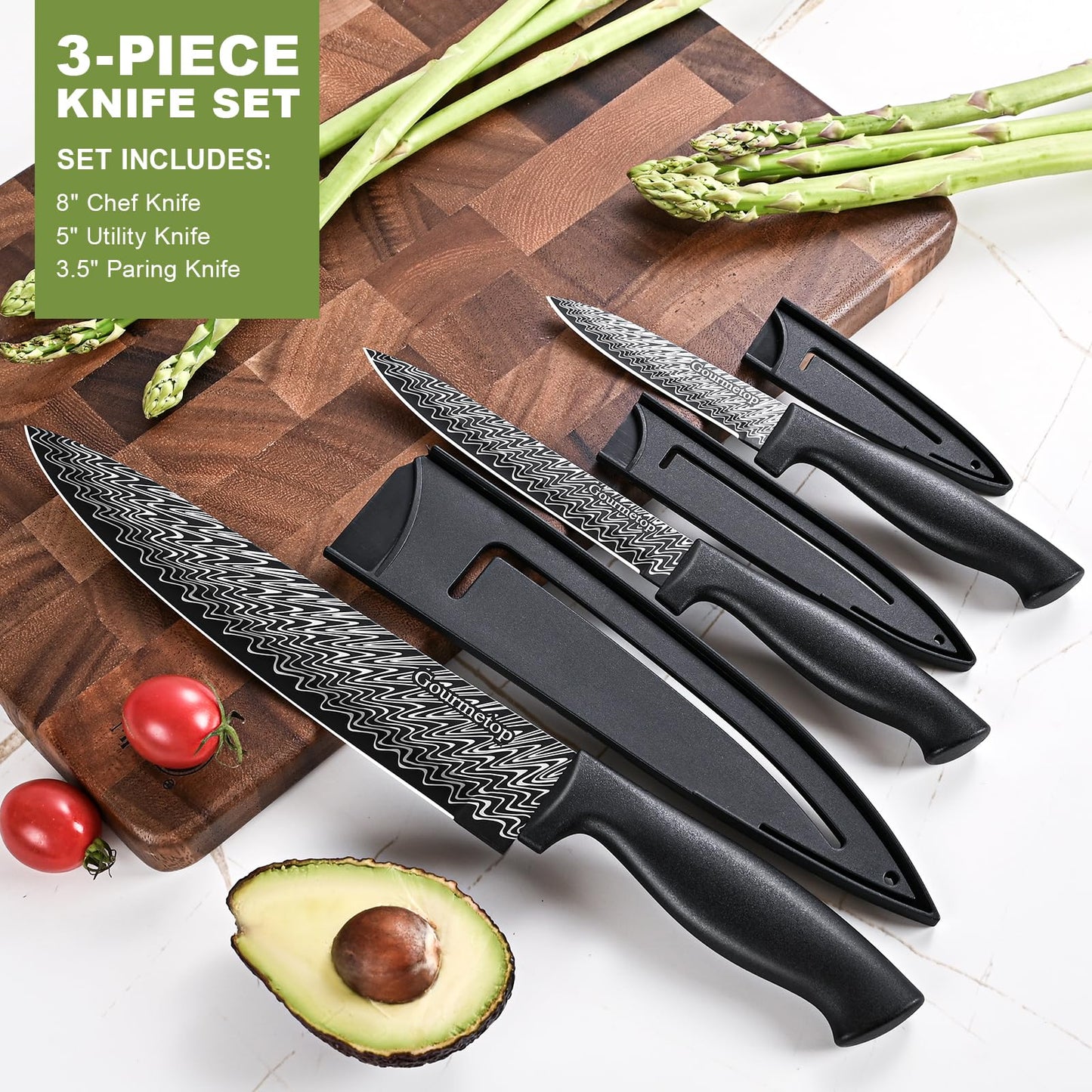 Gourmetop 3 Pcs Kitchen Knife Set with Cover, Black Knives Set for Kitchen Stainless Steel, Damascus Pattern Chef Knife set with Sheath, Sharp Cutting Knives for Cooking