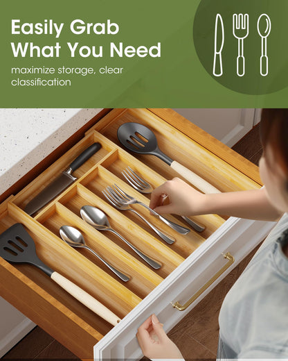 AUJEN Expandable Bamboo Silverware Organizer with 7 Slots