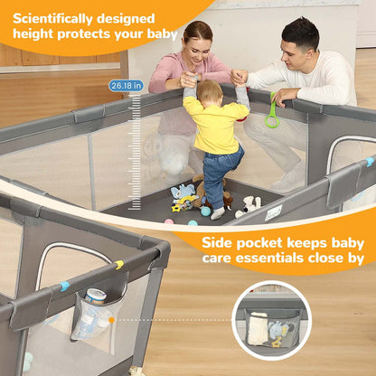 Baby Playpen for Babies and Toddlers, 71 x 59 inch Baby Play Yards, Kids Play Pen for Indoor & Outdoor, Extra Large Baby Playpen, Toddler Play Yard with Carrying Bag, Anti-Slip Base (Gray)