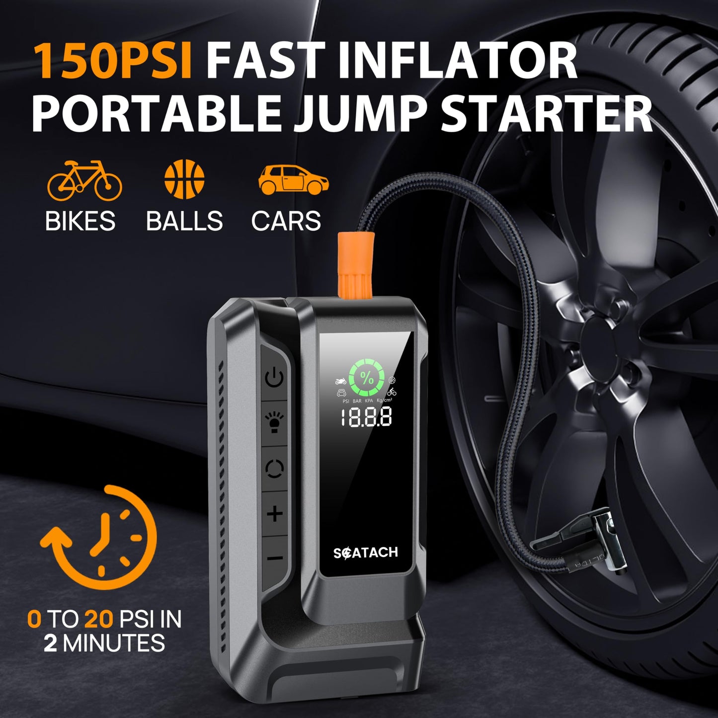 UPDATE: DEAD ❗ Scatach Q16 4000A Car Jump Starter with Air Compressor, 150PSI Portable Jump Starter Battery Pack (10.0L Gas/8.0L Diesel), with QC3.0, Large Display, 3 Modes Flashlight and Jumper Cable
