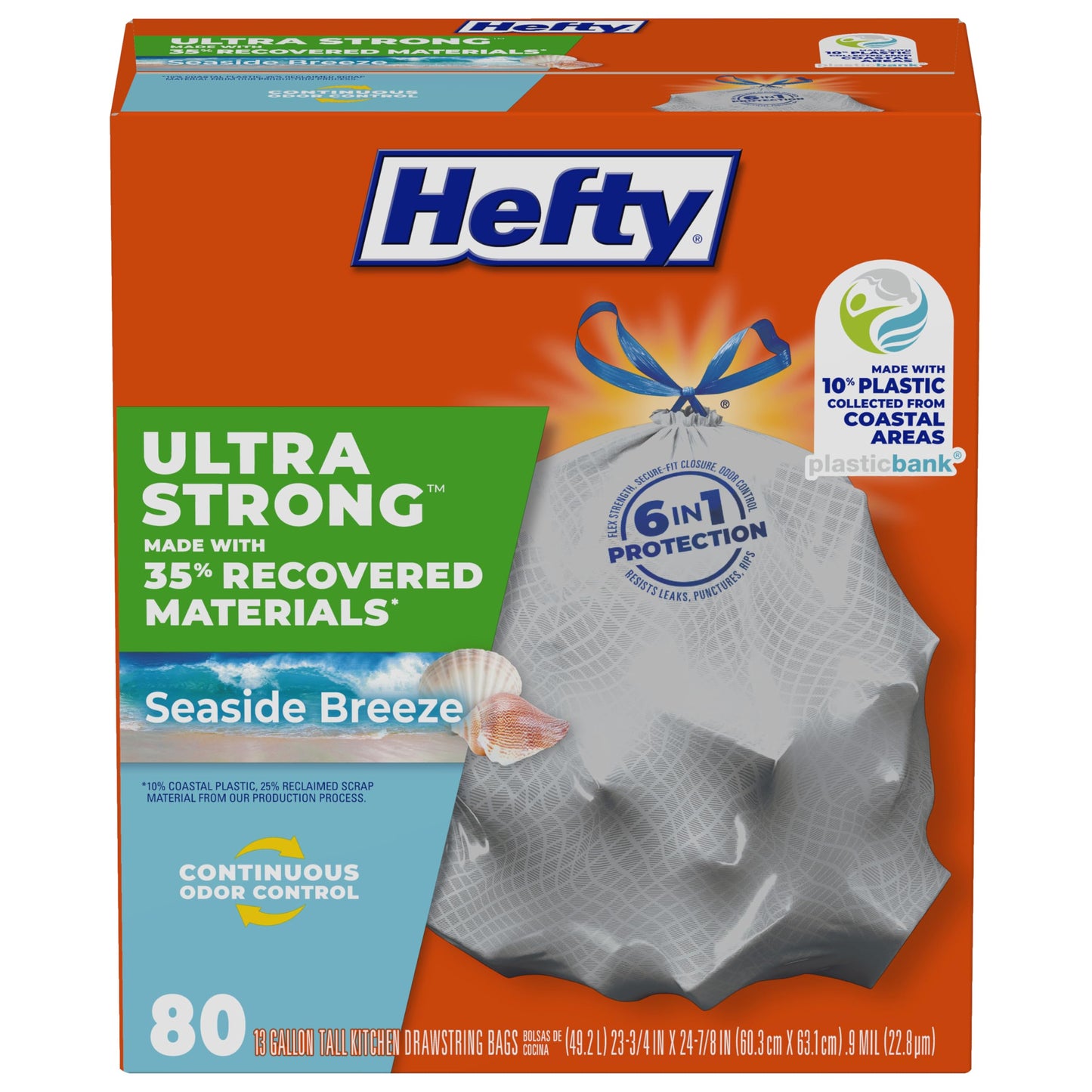 Hefty® Ultra Strong Tall Kitchen Trash Bags, 35% Recovered Materials, Seaside Breeze, 13 Gallon (Pack of 1, 80 Count Total)