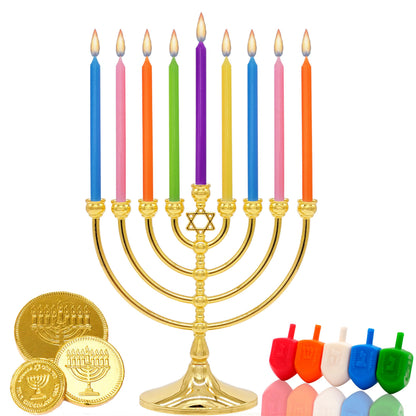 The Dreidel Company Menorah with Traditional Star Antique Gold Finish, Full Size 7" Inch
