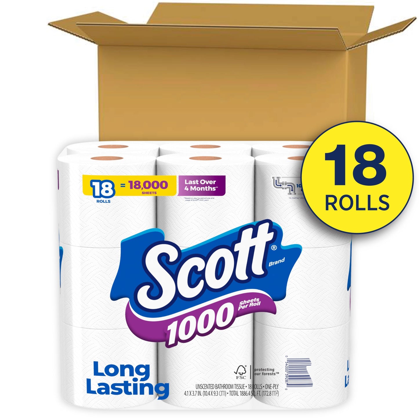 Scott 1000 Toilet Paper, 18 Rolls, Septic-Safe