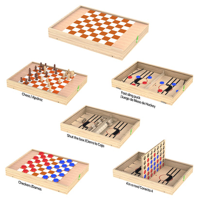 5-in-1 Wooden Board Game Set with Chess, Checkers, Shut The Box, Hockey Game Sling Puck, for Kids, Adults and Family Fun.