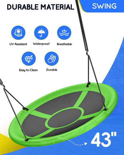 43" Saucer Tree Swing for Kids Adult, 700lbs Weight Capacity, Waterproof Flying Saucer Swing with Adjustable Hanging Straps, Swing Seats for Backyard Outdoor Indoor Playground, Green