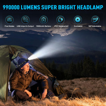 990000 Lumen LED Rechargeable Headlamp with Zoom