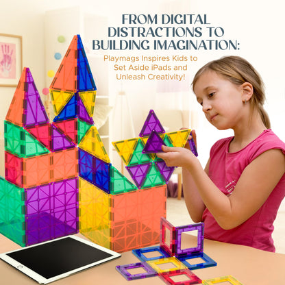 Playmags 150-Piece Magnetic Tiles Building Set – 3D Magnet Building Blocks, Creative Imagination, Inspirational, Educational STEM Toys for Kids with 1 Car