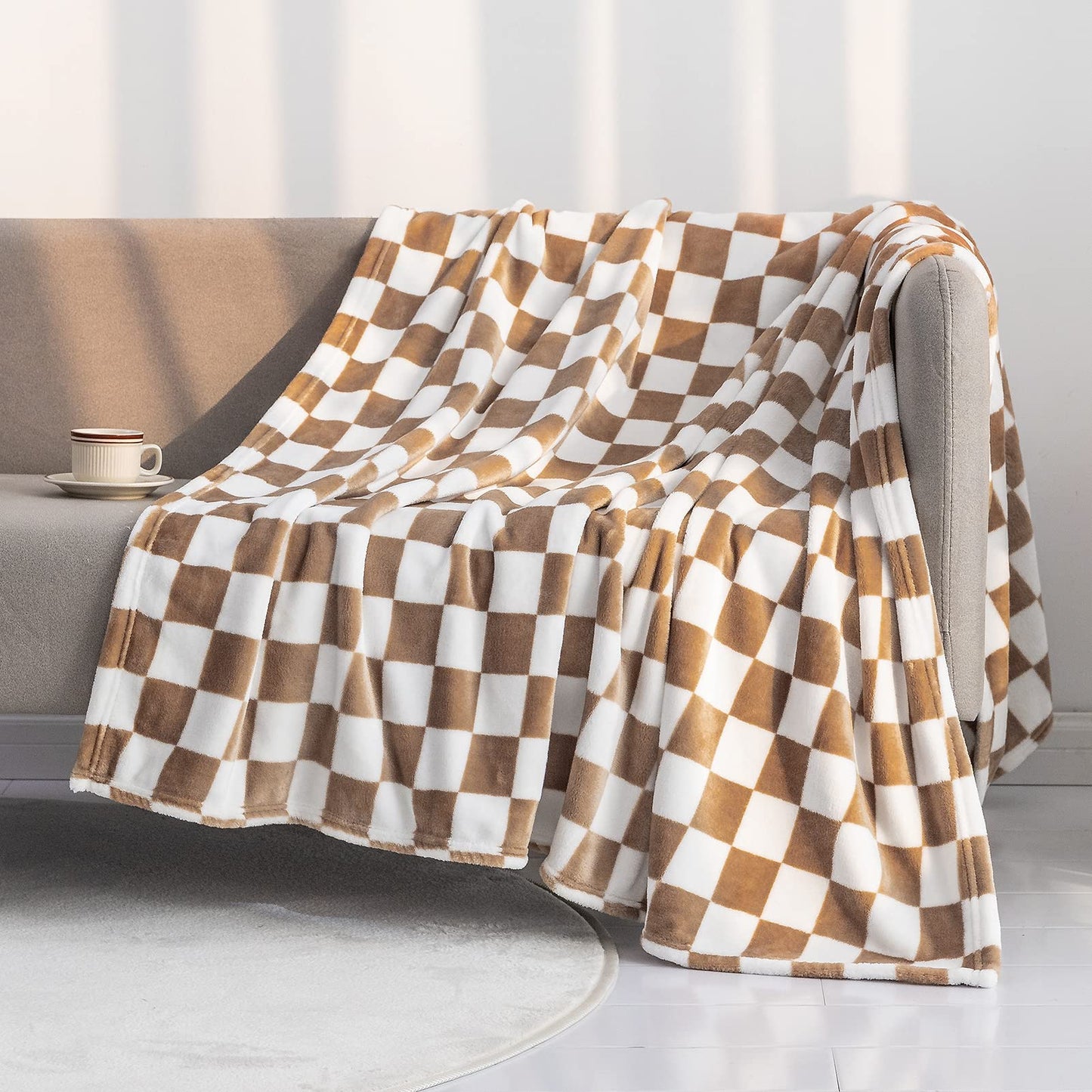 LOMAO Throw Blankets Flannel Blanket with Checkerboard Grid Pattern Soft Throw Blanket for Couch, Bed, Sofa Luxurious Warm and Cozy for All Seasons (Khaki, 50"x60")