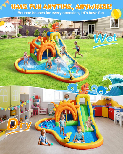 Dinosaur Inflatable Water Slide Park - 7 in 1 Bounce House with Slide, Jump Area, Splash Pool, Climbing Wall & Basketball Hoop | 480W Blower Included | Indoor/Outdoor Backyard Play for Kids 3-10