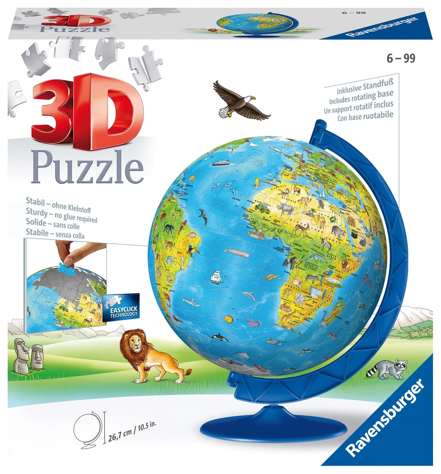 Ravensburger Children's World Globe 180 Piece 3D Jigsaw Puzzle | Easy Click Technology | Displayable Art | Perfect for Kids and Adults | 10.5 in Diameter