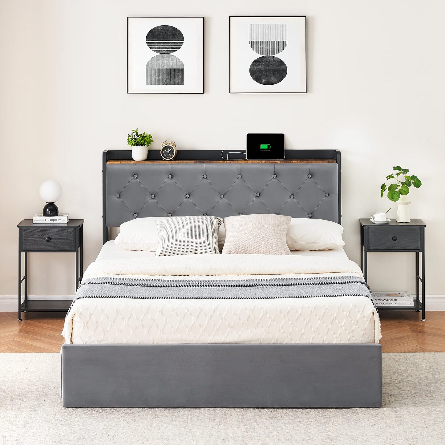 Full Size Velvet Bed Frame with Storage Drawers
