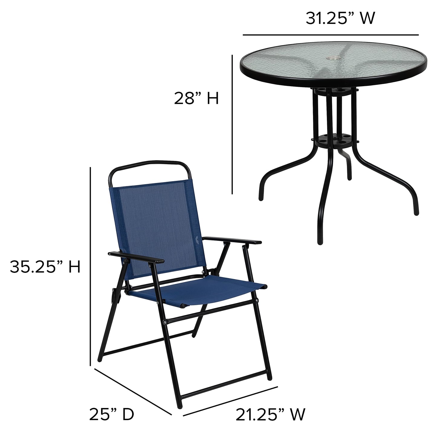 Flash Furniture Nantucket 6-Piece Patio Dining Set with Glass Table, 4 Folding Chairs, and Umbrella, Outdoor Patio Table, Chairs, Umbrella Set, Navy