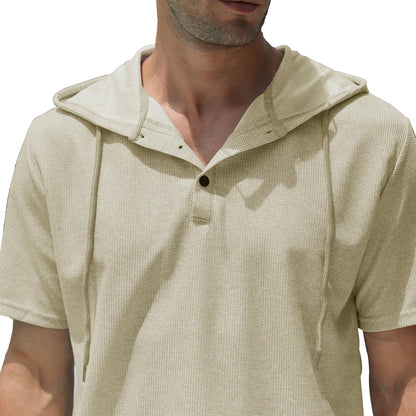 Muscle Killer Men's Henley Short Sleeve Casual Basic Hooded Tee Summer Button Henley Waffle T Shirt Hoodie White