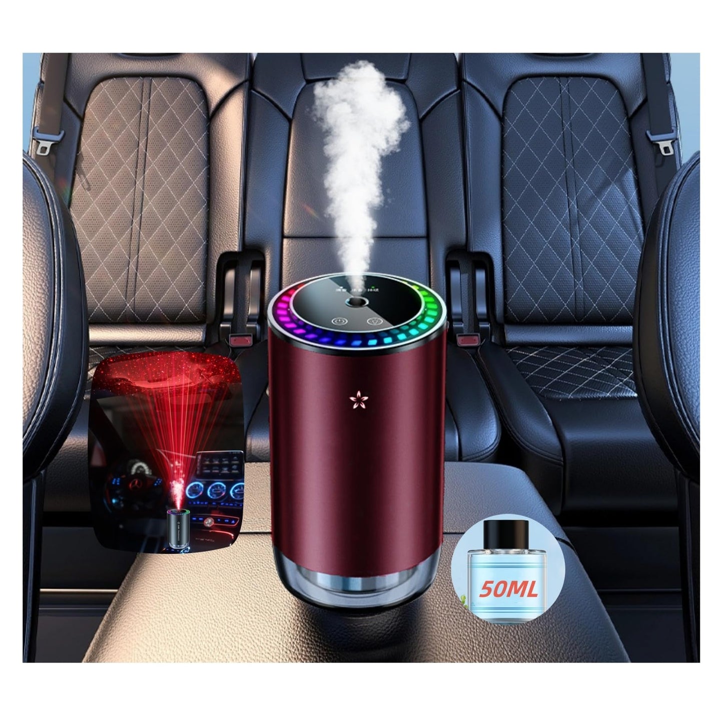 Smart Car Air Fresheners Rechargeable PickUp Sound 50ML Botanical Perfume Colorful Atmosphere Light Adjustable Concentration AI Intelligent Sensing Nano Atomization Auto On/Off for Car home(Wine Red)