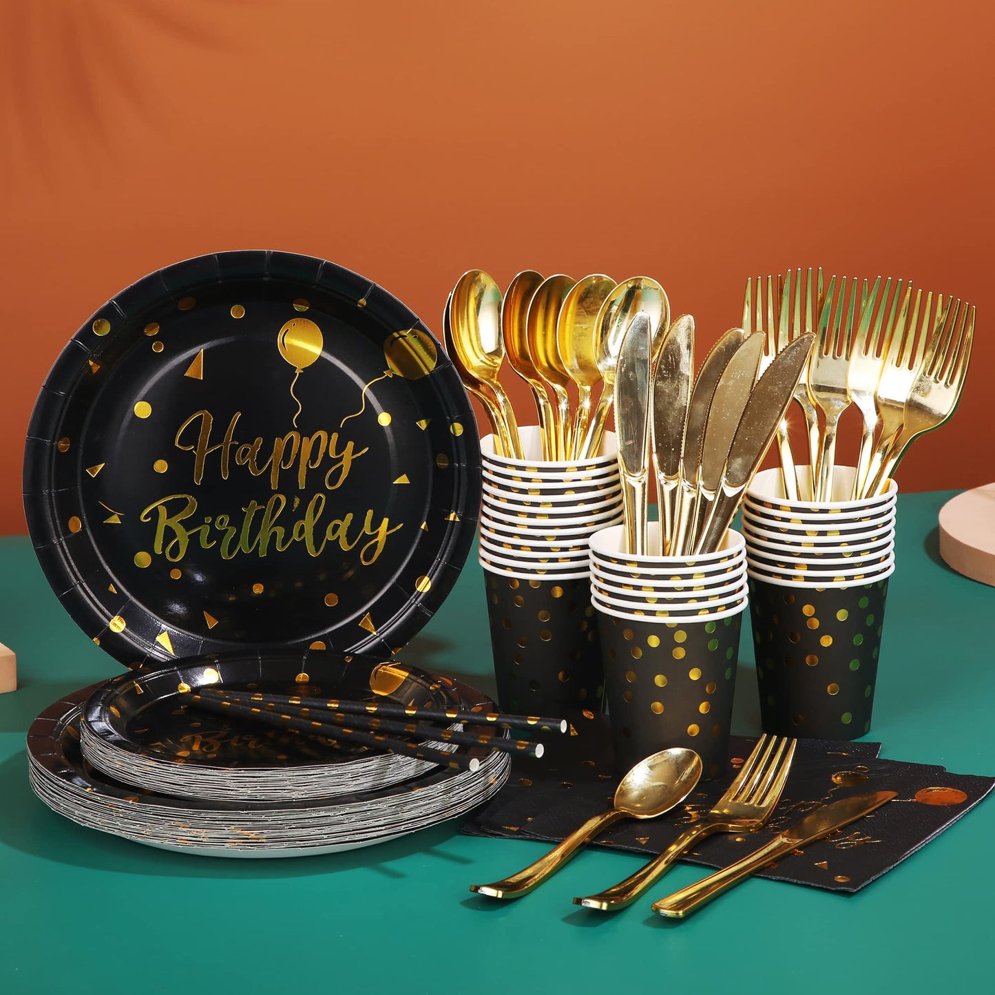 200PCS Birthday Party Decorations Black Birthday Plates and Napkins Party Supplies Plate, Cups, Spoons, Fork, Napkins. for Black and Gold Party Decorations