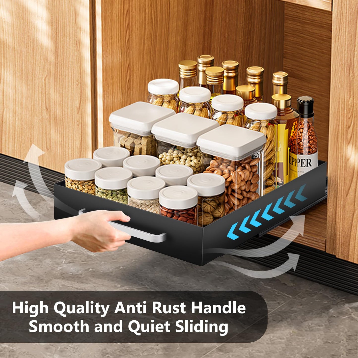 2 Pack Pull out Cabinet Organizer Fixed with Adhesive Nano Film, Heavy Duty Slide out Pantry Shelves Drawer Storage,Under Sink Storage Organization with Handle for Kitchen