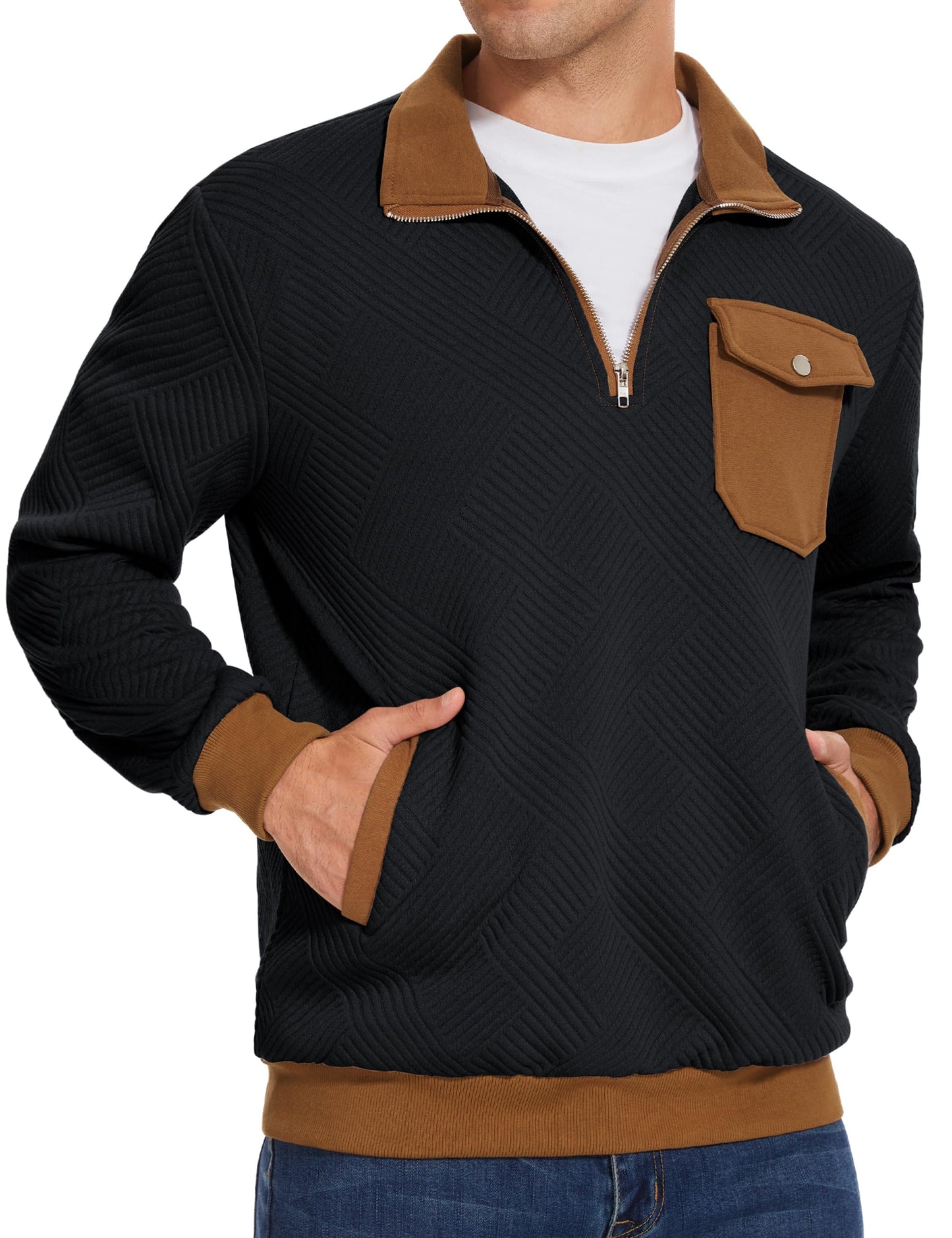 TURAND Men's Quarter Zip Pullover Fashion Sweatshirts Waffle Sweatshirt Polo Shirt with Pockets Black M