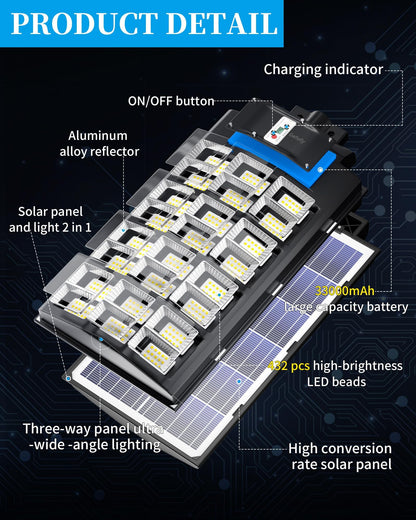 Gefolly SL-6000W Solar Street Light Outdoor, Wide Angle 600000LM Commercial Parking Lot Light Dusk to Dawn 6500K Solar Flood Security Light IP67 Solar Lamp