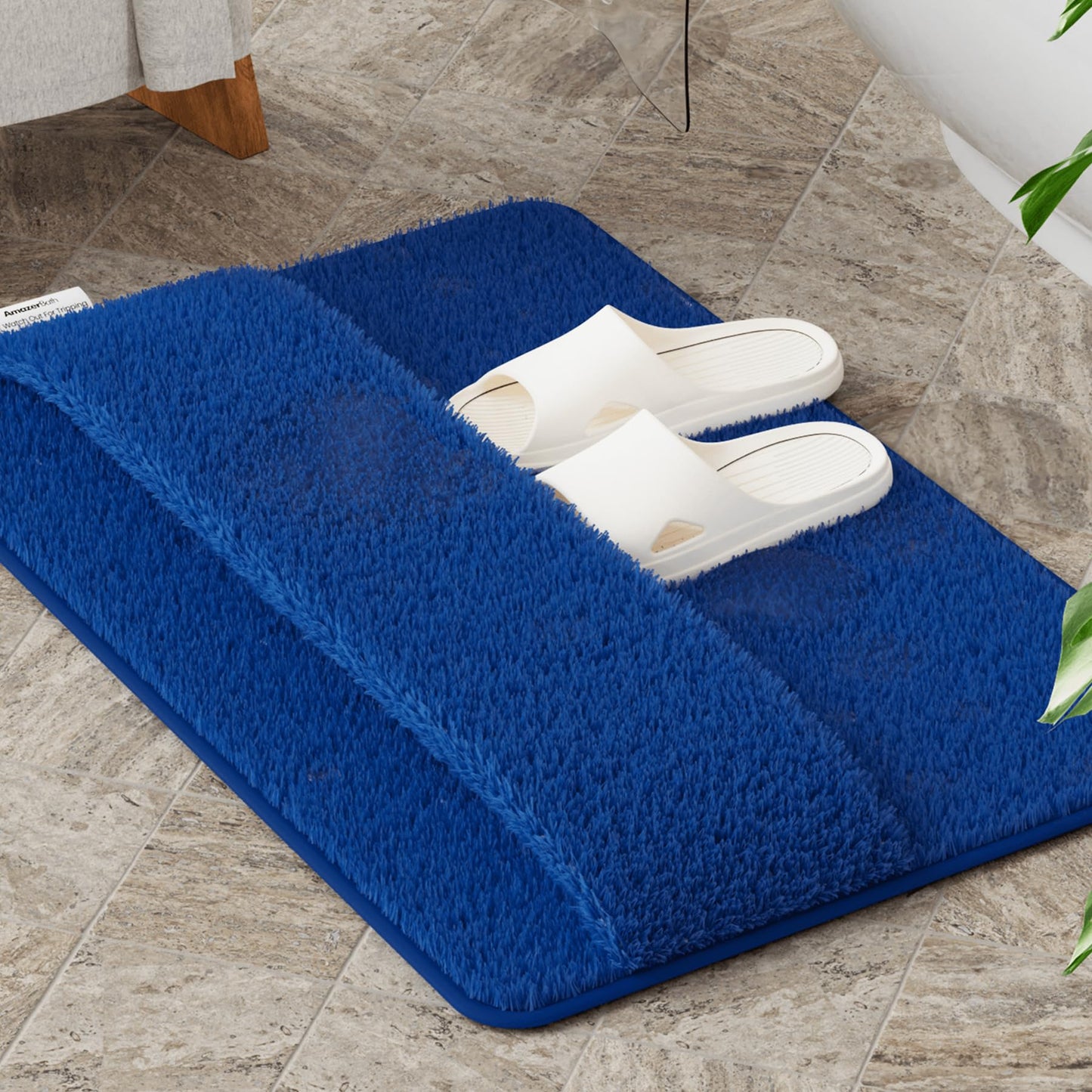 AmazerBath Bathroom Rugs, Original 2-in-1 Wipe & Quick Dry Shower Rug, Soft Absorbent Bath Rugs 24"x16", Non Slip Bath Mat 2 Tier Bottom, Washable Bath Mats for Bathroom Floor, Navy Blue Bath Mat