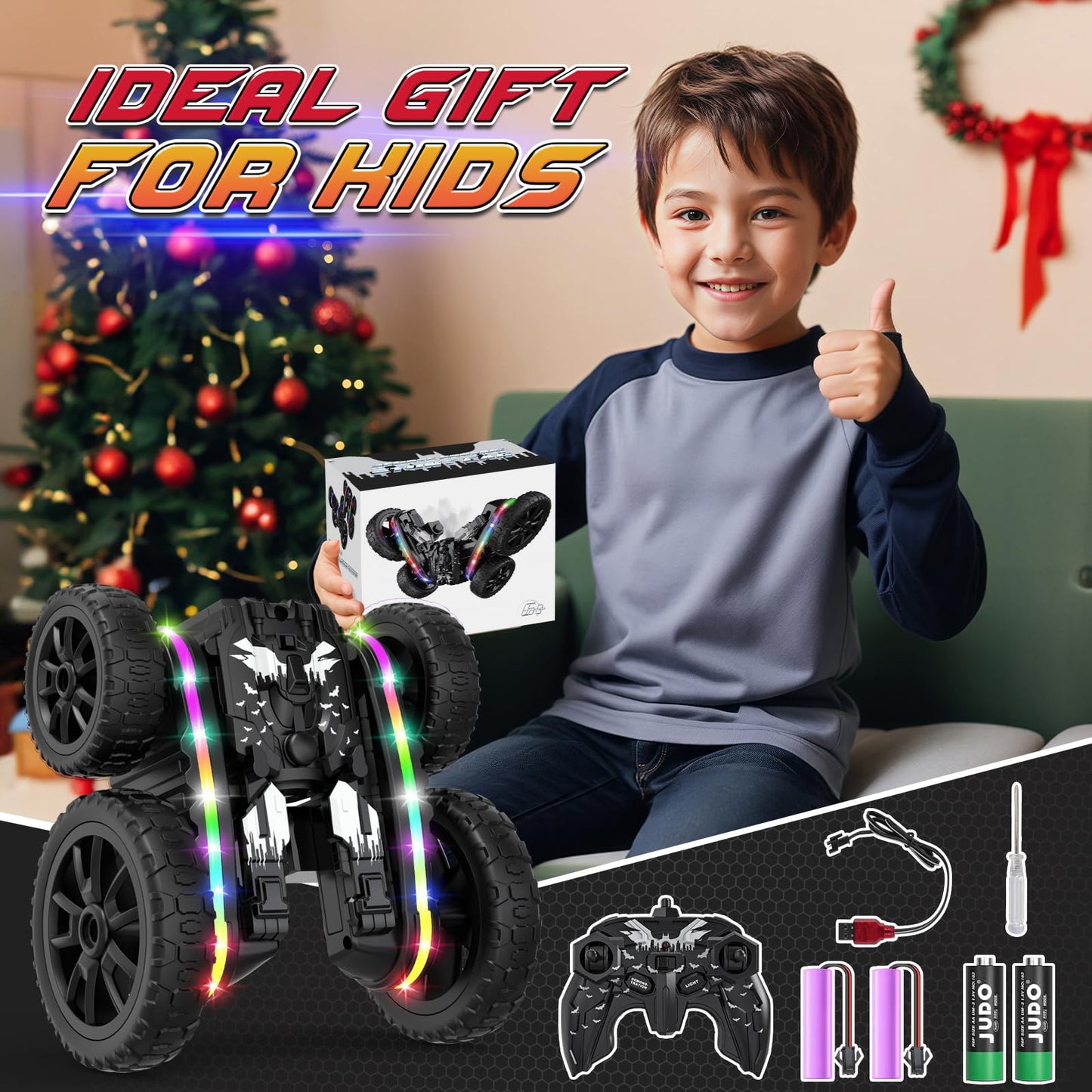 Remote Control Car,RC Cars with Sides Light and Headlights,360°Rotating 4WD Off-Road RC Stunt Car,2.4Ghz All Terrain Toy Car for Boys Age 4-7 Kids Toy for 8-12 Boys Girls Birthday Gift(Black)