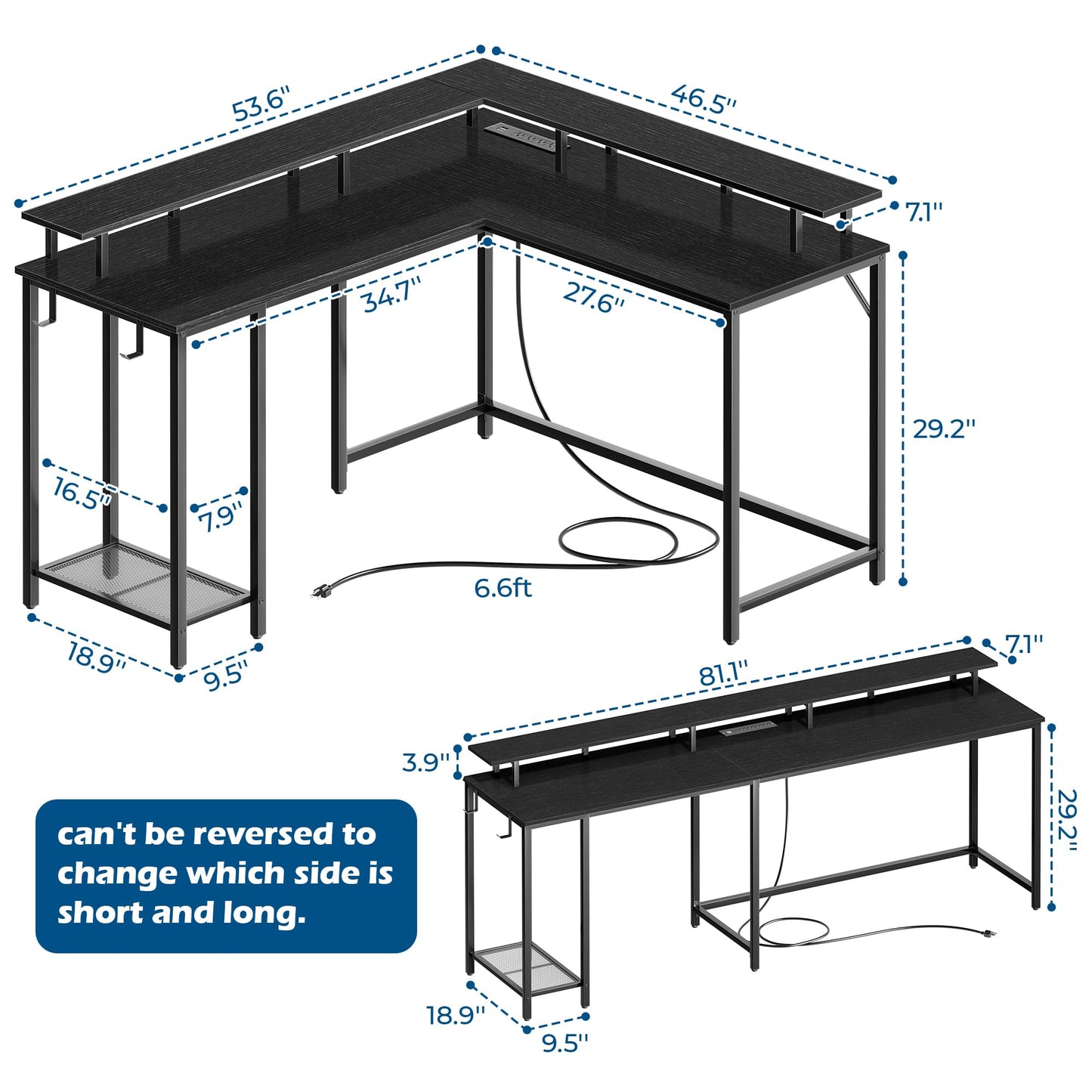 SUPERJARE Desk L Shaped Gaming Desk with LED Lights & Power Outlets, Computer Desk with Monitor Stand, Home Office Desk Corner Desk with Headphone Hooks, Black