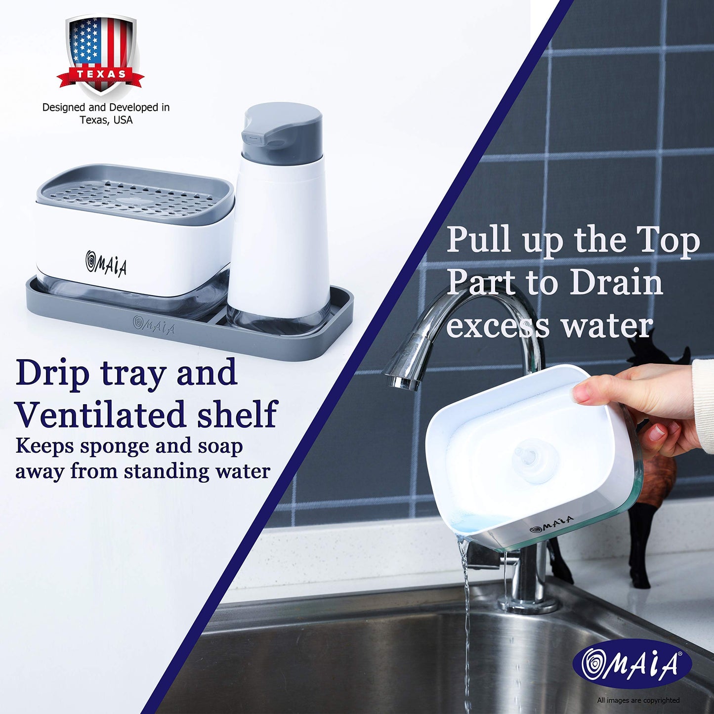OMAIA 4-in-1 Dish Soap Dispenser Set with Sponge Holder and Liquid Hand Soap Dispenser and Silicone Tray - Countertop Organizer - Useful Kitchen Gadgets