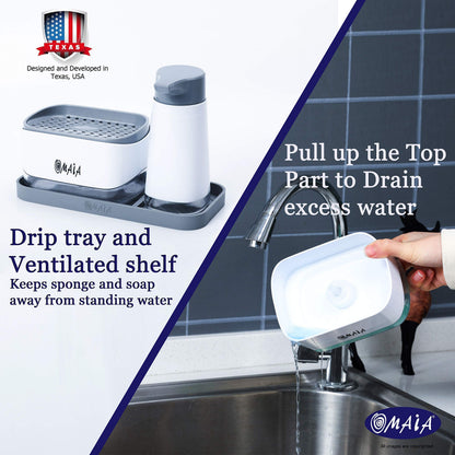 OMAIA 4-in-1 Dish Soap Dispenser Set with Sponge Holder and Liquid Hand Soap Dispenser and Silicone Tray - Countertop Organizer - Useful Kitchen Gadgets