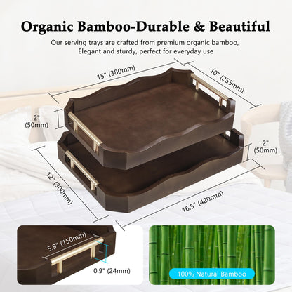 QooWare Bamboo Serving Tray Set of 2, Elegant Natural Bamboo Trays with Rose Gold Handles & Wave Edge Design, Ottoman Tray for Serving Food, Tea, Drinks and Home Decor Organization, Walnut Brown