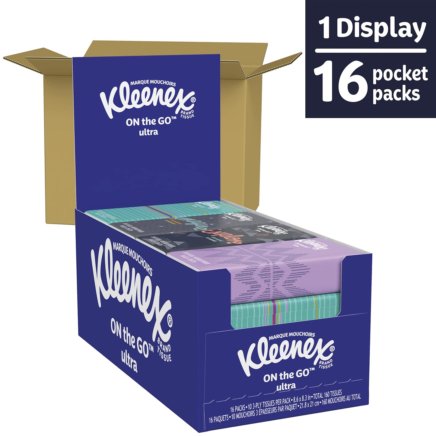 Kimberly-Clark 54635 On The Go Packs Facial Tissues, 3-ply, White, 10/pouch, 16 Pouches/pack, 6 Packs/carton
