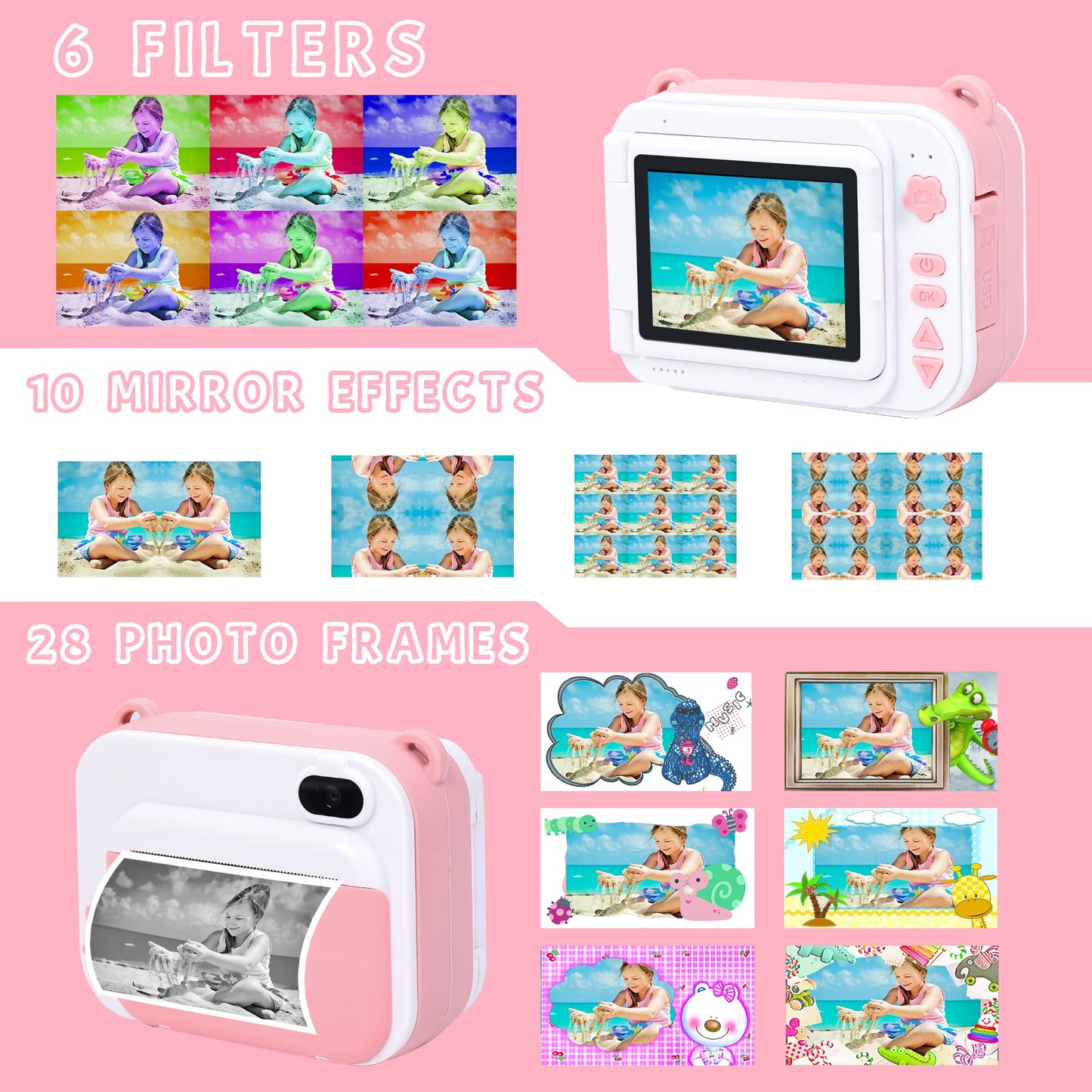 SudnXih Instant Camera for Kids Toys for 5-8 Year Old Girls, Kids Camera Instant Print Birthday Gifts for Girl Age 4 5 6 Selfie Camera with 180 Flip Screen Pink