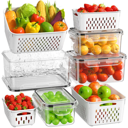 KEMETHY 4 Pcs Large Fruit Storage Containers For Fridge with Removable Colanders, Airtight Food Storage Container, BPA-Free, Dishwasher & Microwave Safe, Keep Berry Fruit Vegetable, Meat Fresh Longer