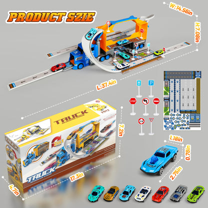 Carsky Truck Toy Cars W/Race Track for Toddlers Toys for 2 3 4 5 6 Year Old Boy Birthday Gifts, 2 in1 Carrier Toy Trucks W/Car Track, Cars Toys W/ 8 Race Cars, Boys Toys for Ages 2-4 3-5 4-6 5-7