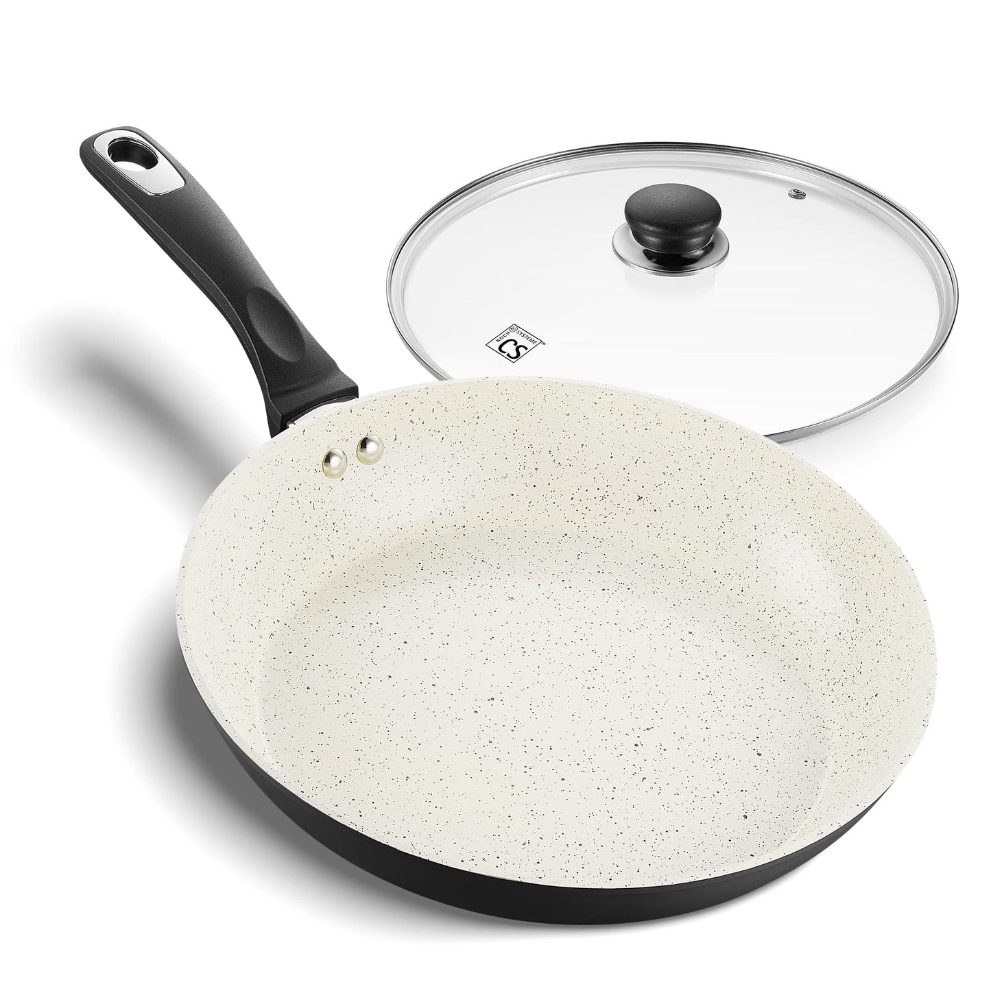 KOCH SYSTEME CS CSK 11 Inch Nonstick Wok Pan with Lid, Ceramic Wok pan with Heat Insulation Handle, 100% APEO & PFOA-Free Non-Stick Coating, Skilllets Cookware, White & Black, Ideal for Friens