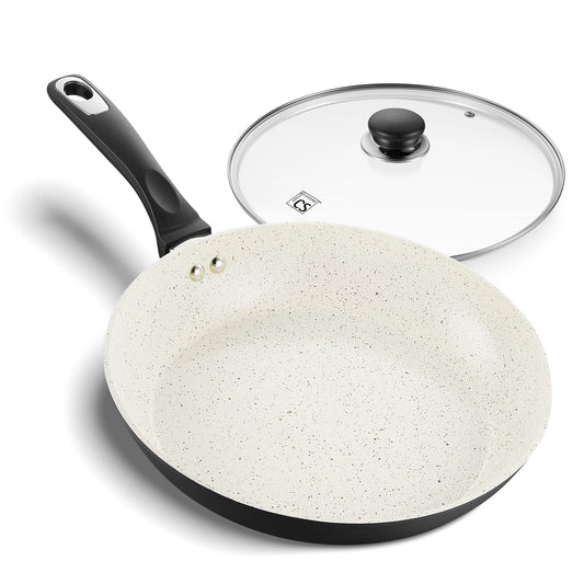 KOCH SYSTEME CS CSK 11 Inch Nonstick Wok Pan with Lid, Ceramic Wok pan with Heat Insulation Handle, 100% APEO & PFOA-Free Non-Stick Coating, Skilllets Cookware, White & Black, Ideal for Friens