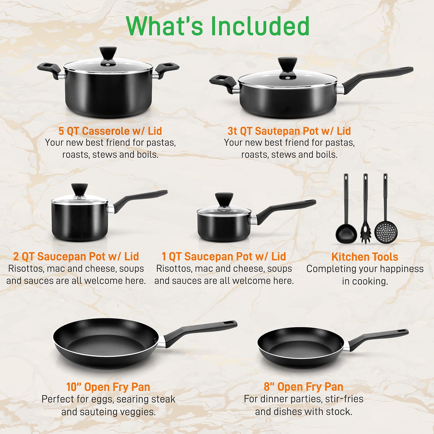 NutriChef 13-Piece Nonstick Cookware - Heat Resistant Kitchen Ware Set w/Saucepan, Frying Pans, Cooking Pots, Casserole, Lids, Ladle, Fork, Strainer - NCCWA13, Black