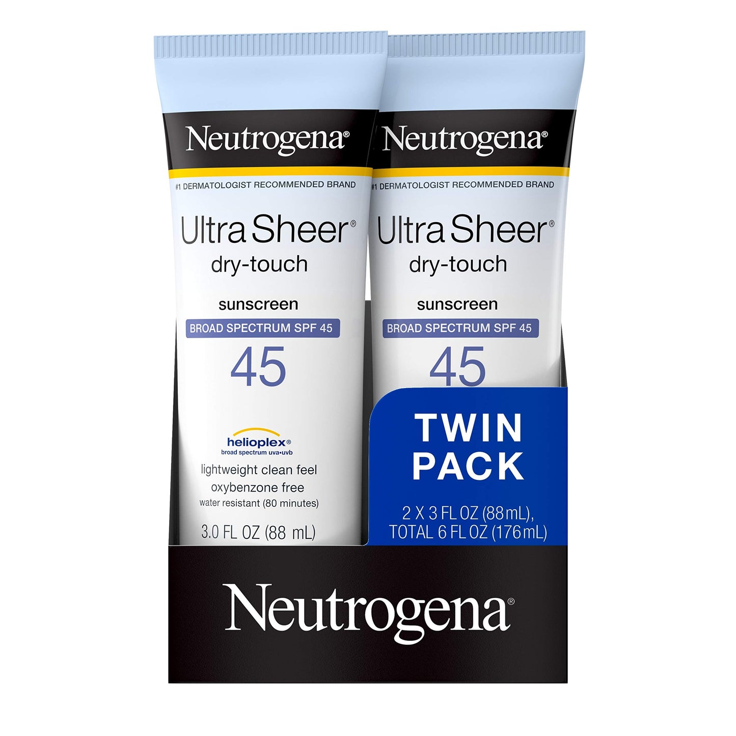 Neutrogena Ultra Sheer Dry-Touch Water Resistant and Non-Greasy Sunscreen Lotion with Broad Spectrum SPF 45, TSA-Compliant travel Size, 3 Fl Oz, Pack of 2, 6 Fl Oz