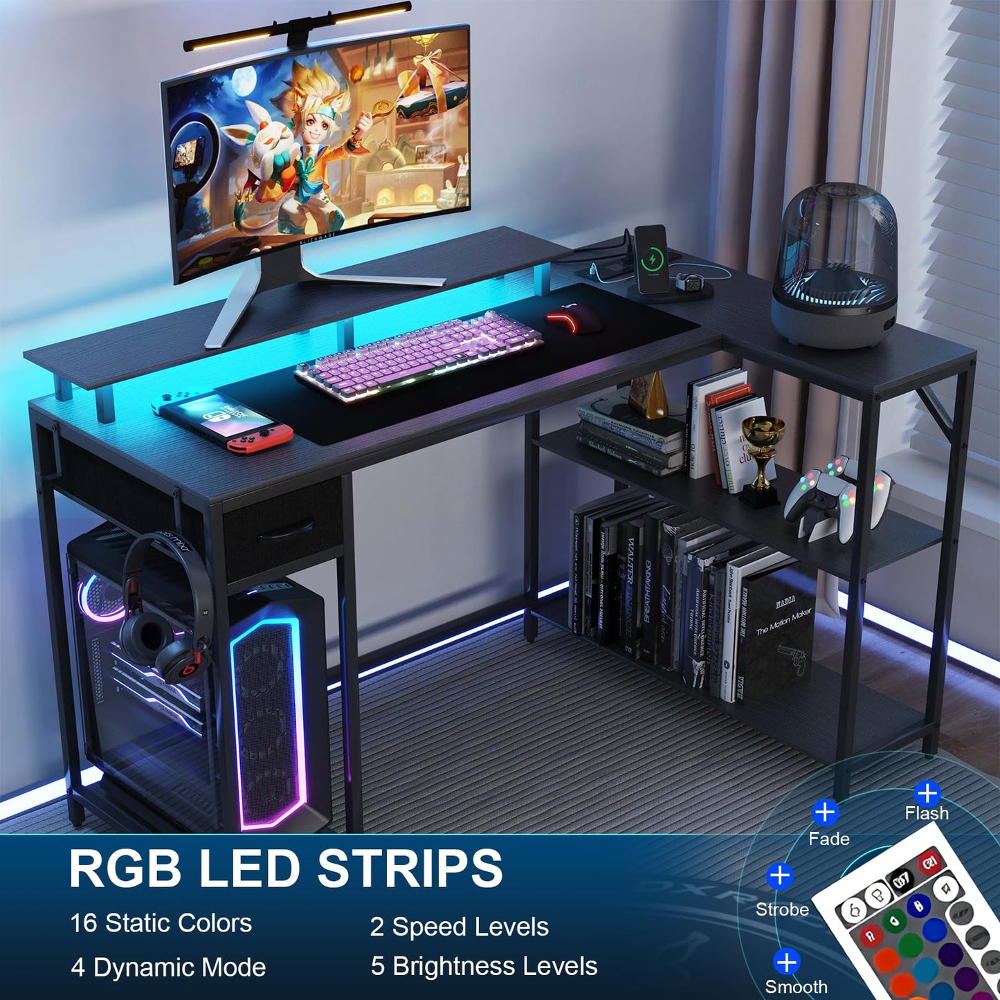 Eivanet L Shaped Gaming Desk with LED Light