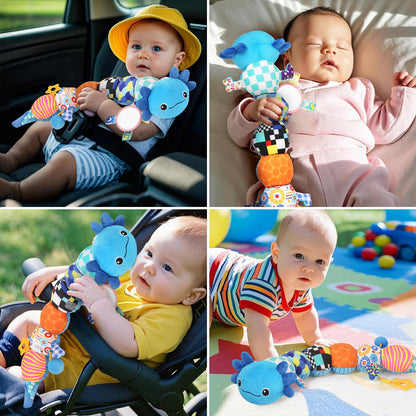 Baby Toys for 0-6 6-12 Months, Plush Axolotl Toy with Crinkle and Rattles for Infant Newborn, Sensory Music Animal Stuffed Toy for 0 1 2 3 4 5 6+ Month, Tummy Time Toys Gifts for 0-3-6-12 Months,Blue