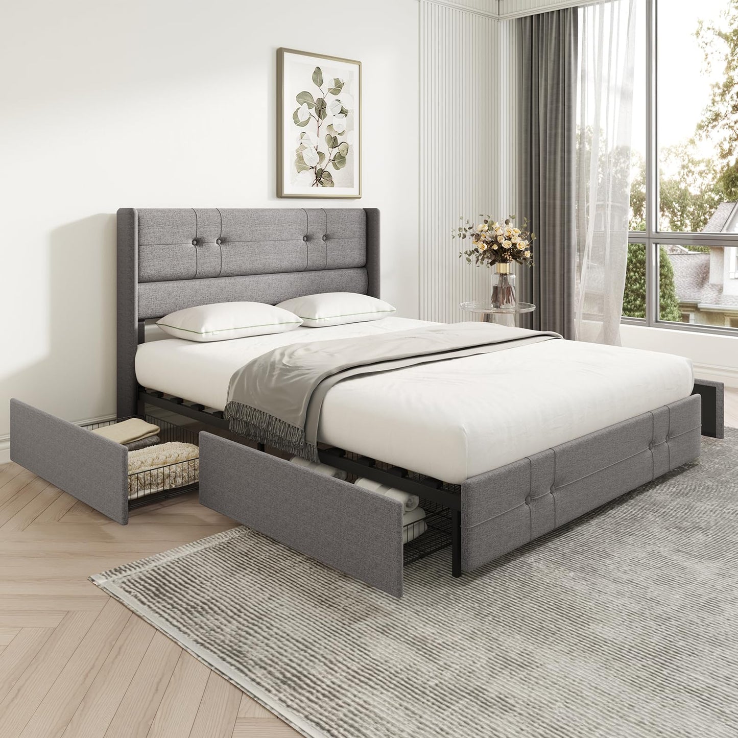 Novilla Upholstered Full Size Bed Frame Platform with 4 Storage Drawers and Fabric Headboard, Non-Slip and Noise-Free Full Bed Frame, Strong Wooden Slats, No Box Spring Needed, Grey