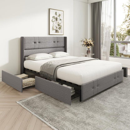 Novilla Upholstered Full Size Bed Frame Platform with 4 Storage Drawers and Fabric Headboard, Non-Slip and Noise-Free Full Bed Frame, Strong Wooden Slats, No Box Spring Needed, Grey