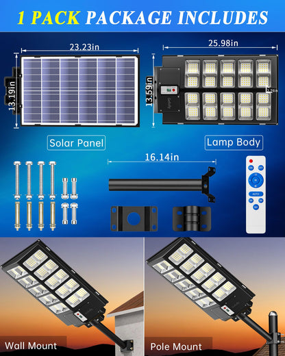 Gefolly 3200W Solar Street Lights Outdoor, 320000LM Commercial Parking Lot Light, 6500K Dusk to Dawn IP67 Solar Security Flood Lights Motion Sensor Solar Led Lamp for Basketball Court, Road, Yard