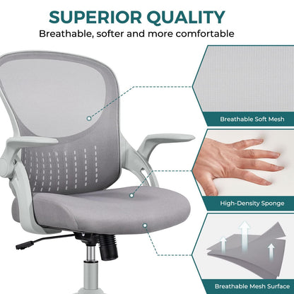 SMUG Office Computer Gaming Desk Chair, Ergonomic Mid-Back Mesh Rolling Work Swivel Chairs with Flip-up Arms, Comfortable Lumbar Support, Comfy Arms for Home, Bedroom, Study, Student, Adults, Grey