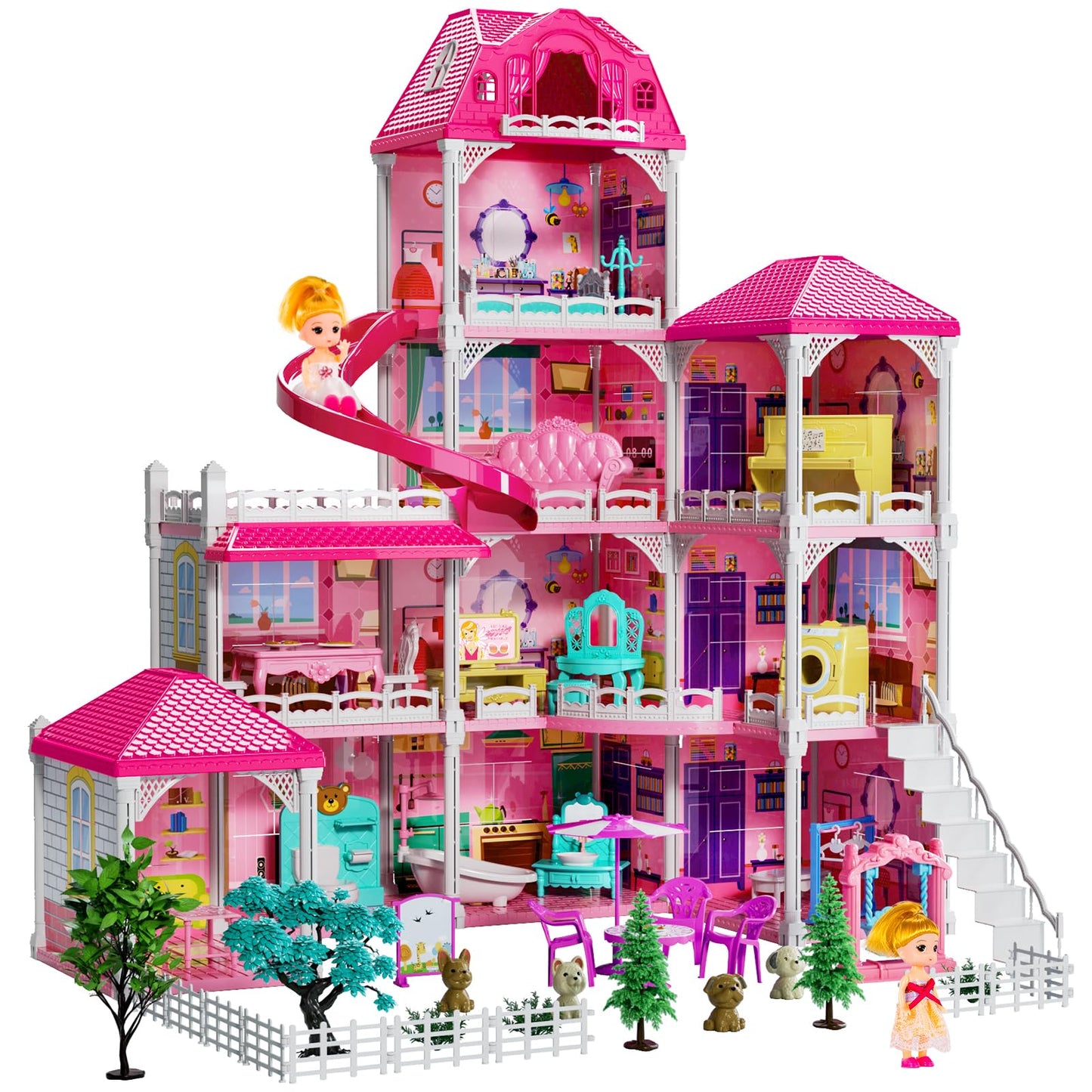TEMI 10-Room Dollhouse Playset with Dolls and Furniture