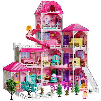 TEMI 10-Room Dollhouse Playset with Dolls and Furniture