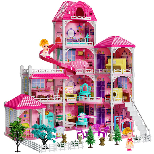TEMI 10-Room Dollhouse Playset with Dolls and Furniture